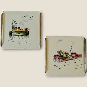 Vintage Miniature Hand Painted Ceramic Coasters Set Of 2 With Vintage Car Desig